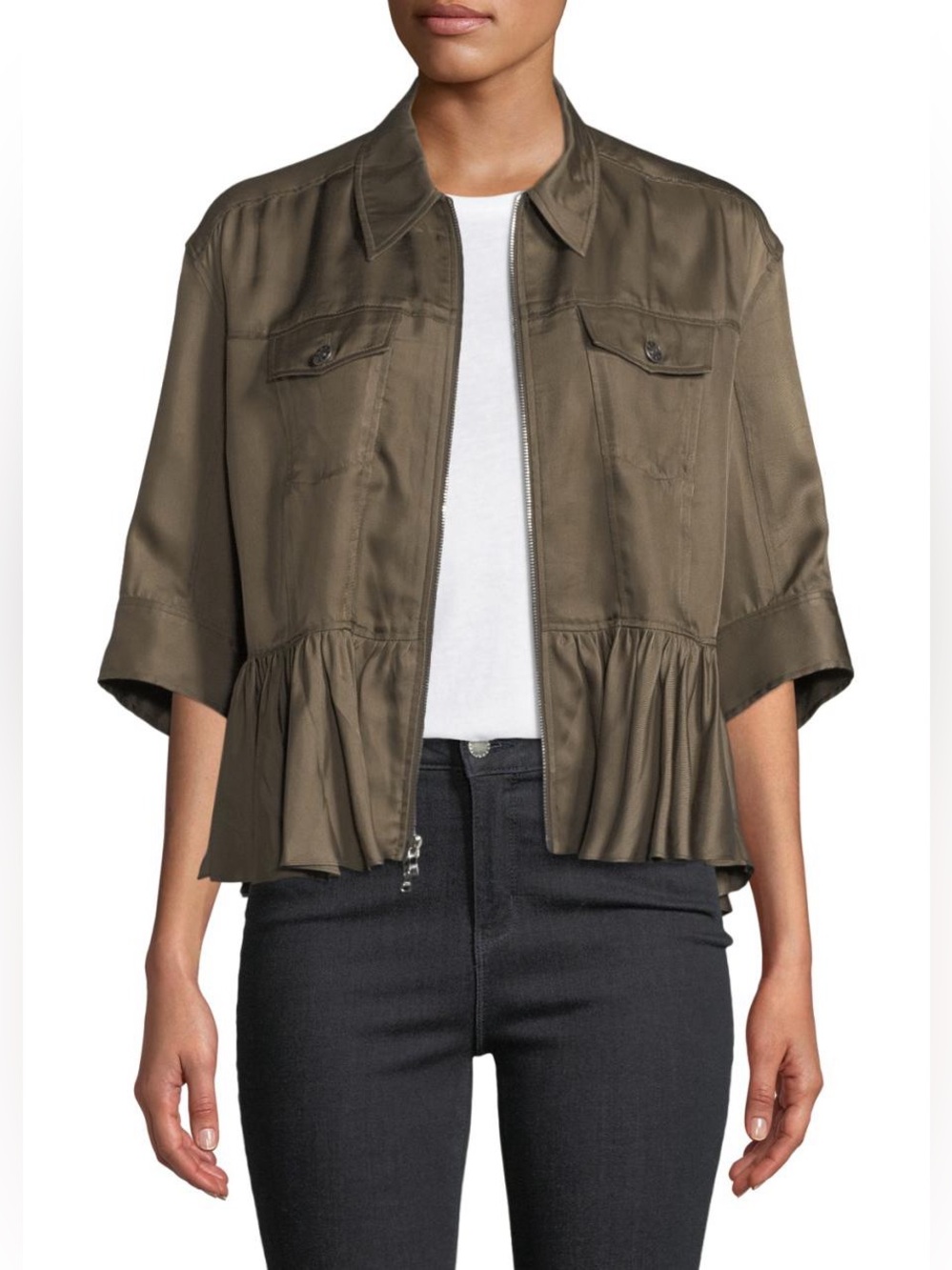 CINQ À SEPT
Helene Short-Sleeve Cropped Peplum Jacket Olive Peplum Utility Jacke
